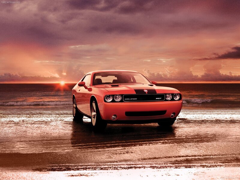 Challenger SRT on beach at sunset
