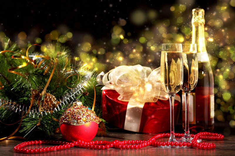 Champagne and Gifts — Red, Festive, Night