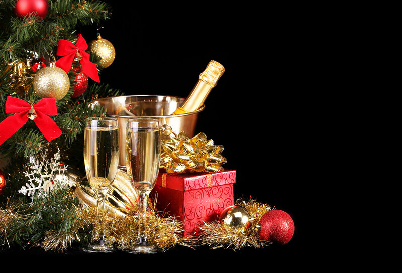 Champagne and Gifts — Red, Festive, Winter, Photograph, Christmas Tree