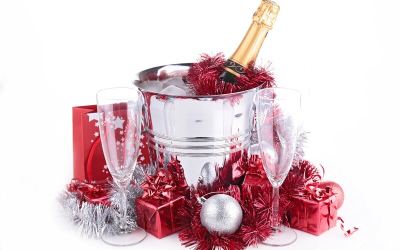 Champagne and Holiday Gifts — Red, Festive