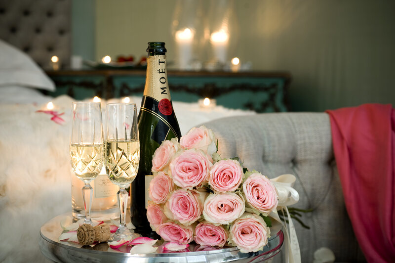 Champagne and Roses on Table