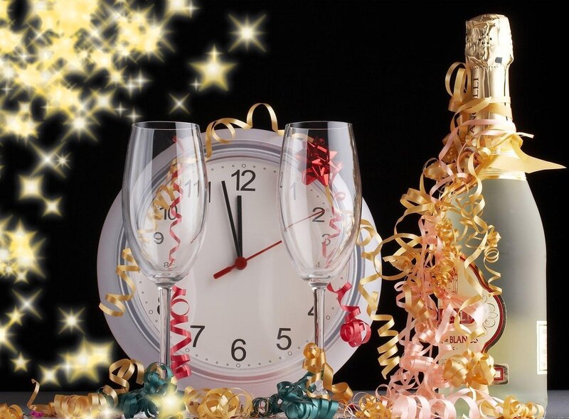 Champagne Bottle and Glasses — Black, Celebratory, Night