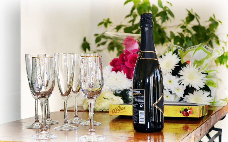 Champagne Bottle and Glasses — Black, Celebratory, Photograph
