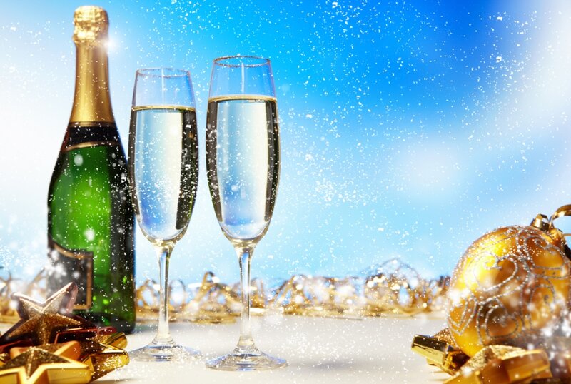 Champagne Bottle and Glasses — Blue, Celebratory, Winter