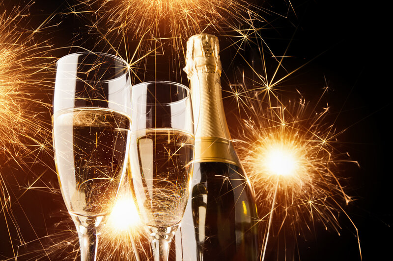 Champagne Bottle and Glasses — Gold, Celebratory, Night