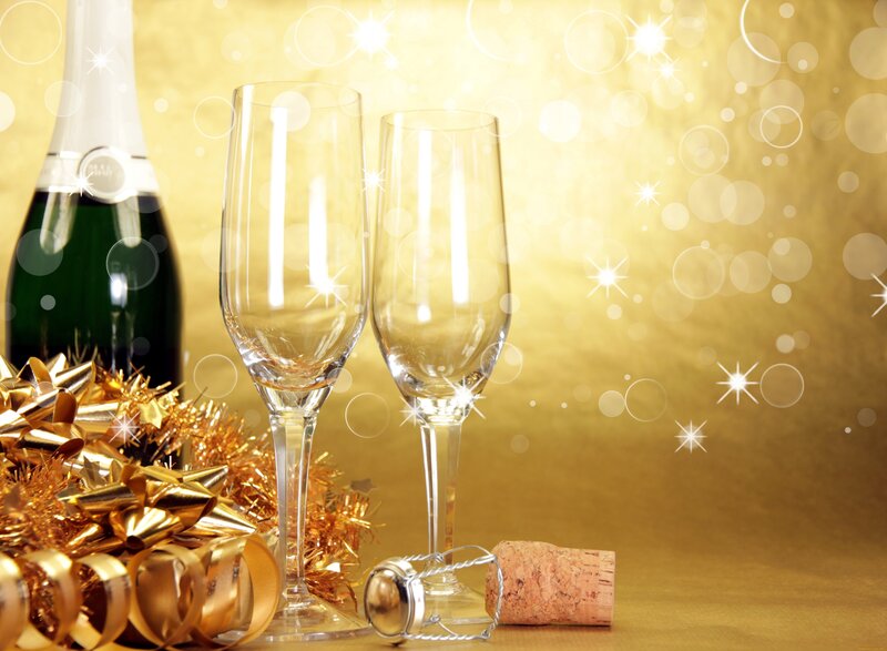 Champagne Bottle and Glasses — Gold, Celebratory, Photograph