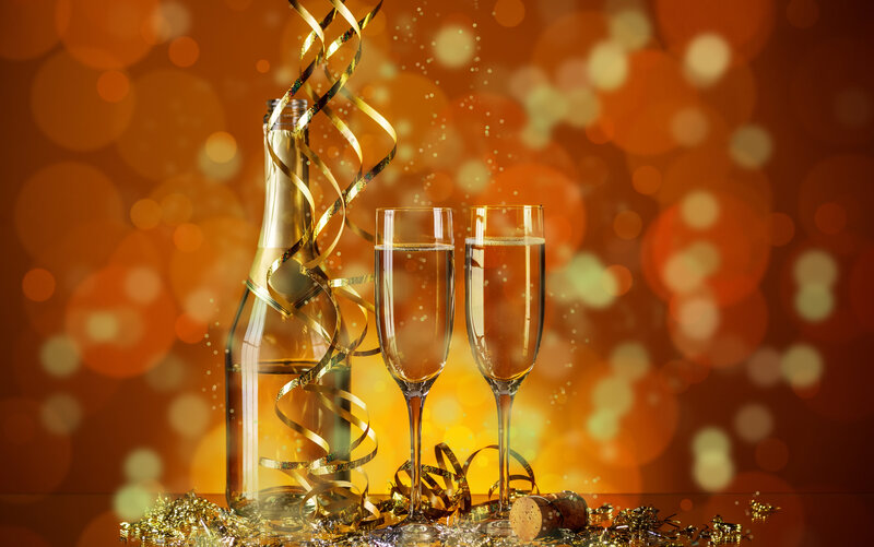 Champagne Bottle and Glasses — Gold, Celebratory