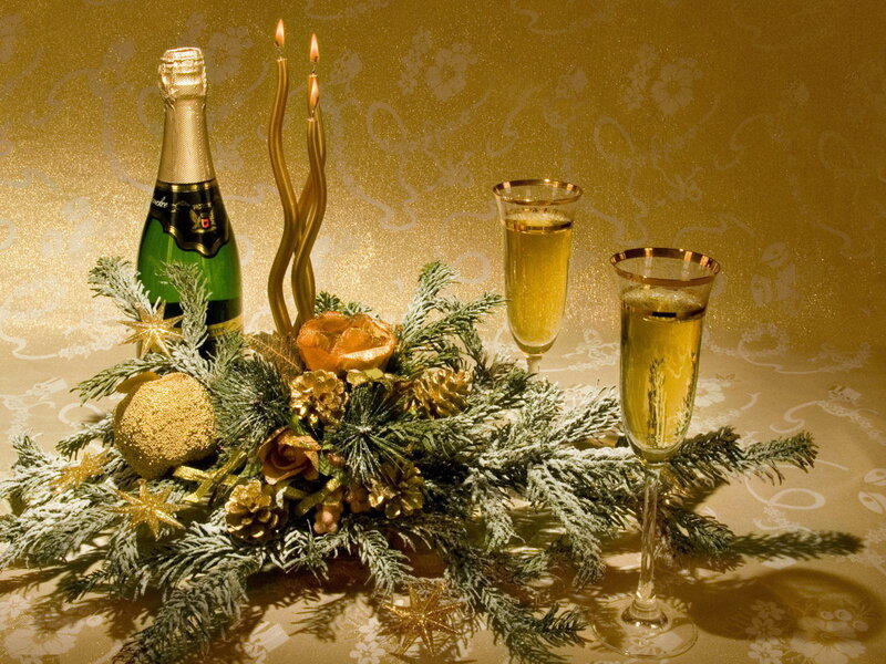 Champagne Bottle and Glasses — Gold, Festive