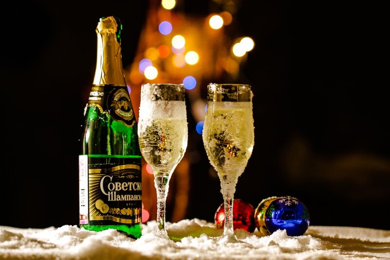 Champagne Bottle and Glasses — Green, Festive, Night
