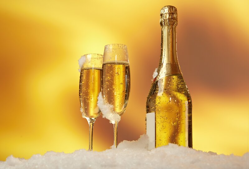 Champagne Bottle and Glasses — Yellow, Celebratory