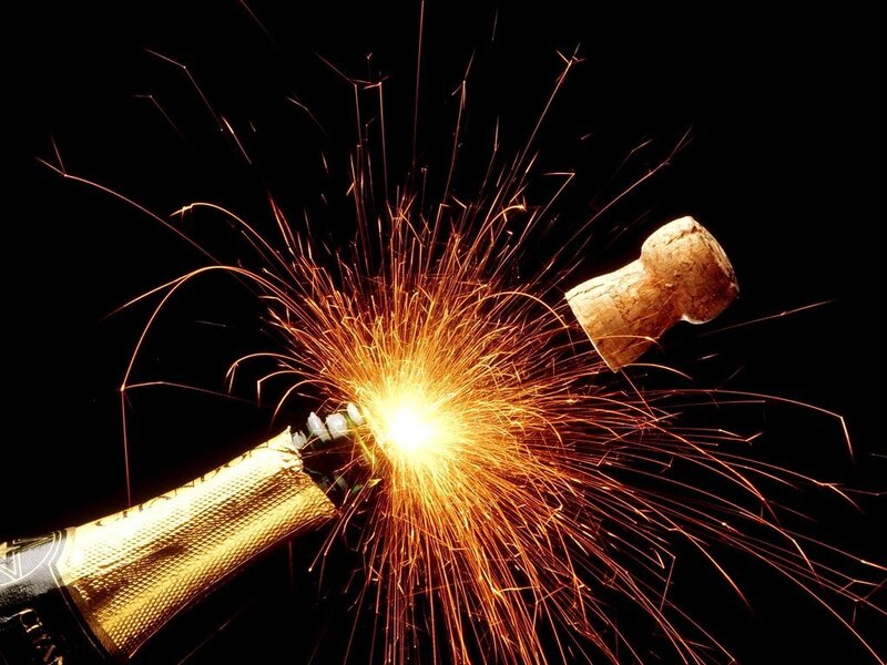Champagne Bottle Popping — Black, Dramatic, Night, Photograph, Cork, Spark