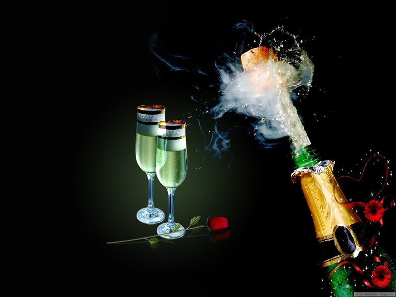Champagne Bottle Popping — Black, Dramatic, Night, Photograph