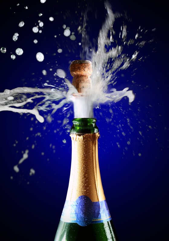 Champagne Bottle Popping — Blue, Dramatic, Photograph