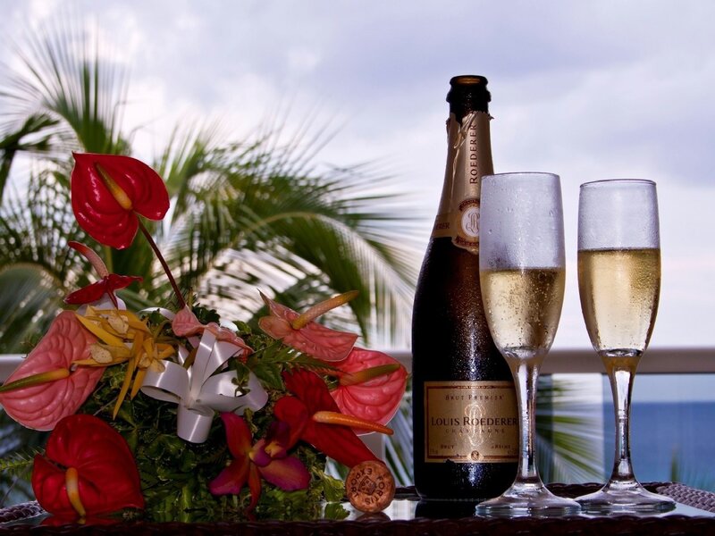 Champagne Bottle with Flowers — Red