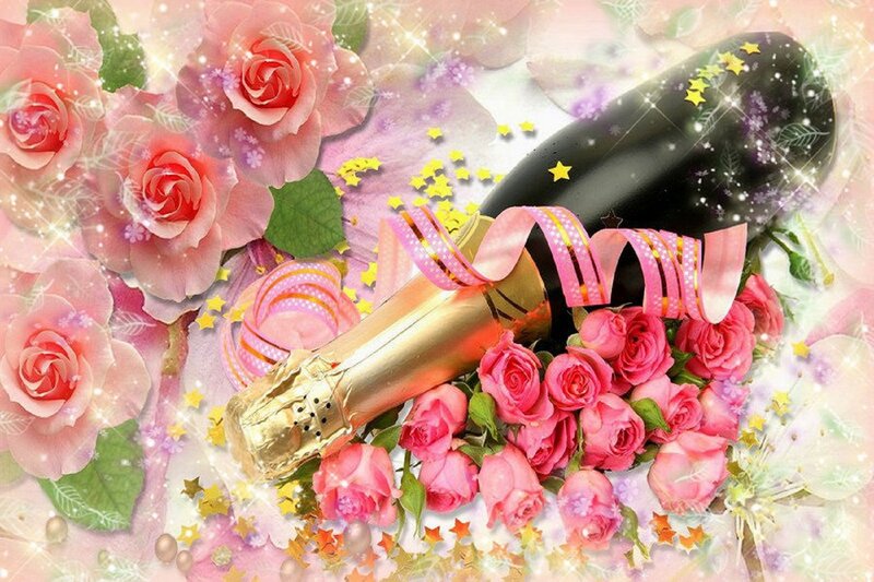 Champagne Bottle with Roses — Pink, Celebratory, Digital Art, Ribbon