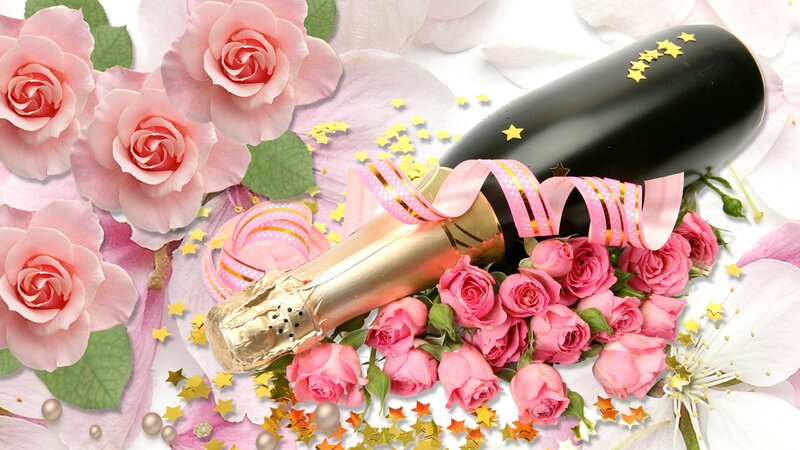 Champagne Bottle with Roses — Pink, Celebratory