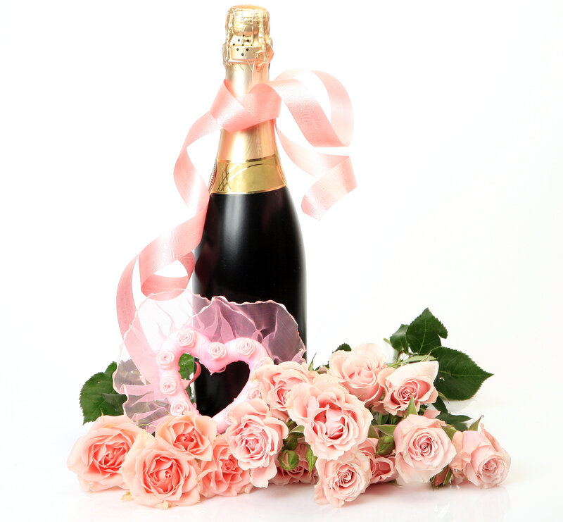 Champagne Bottle with Roses — Pink, Elegant