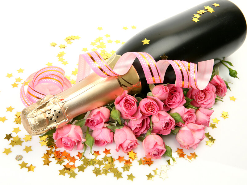 Champagne Bottle with Roses — Pink