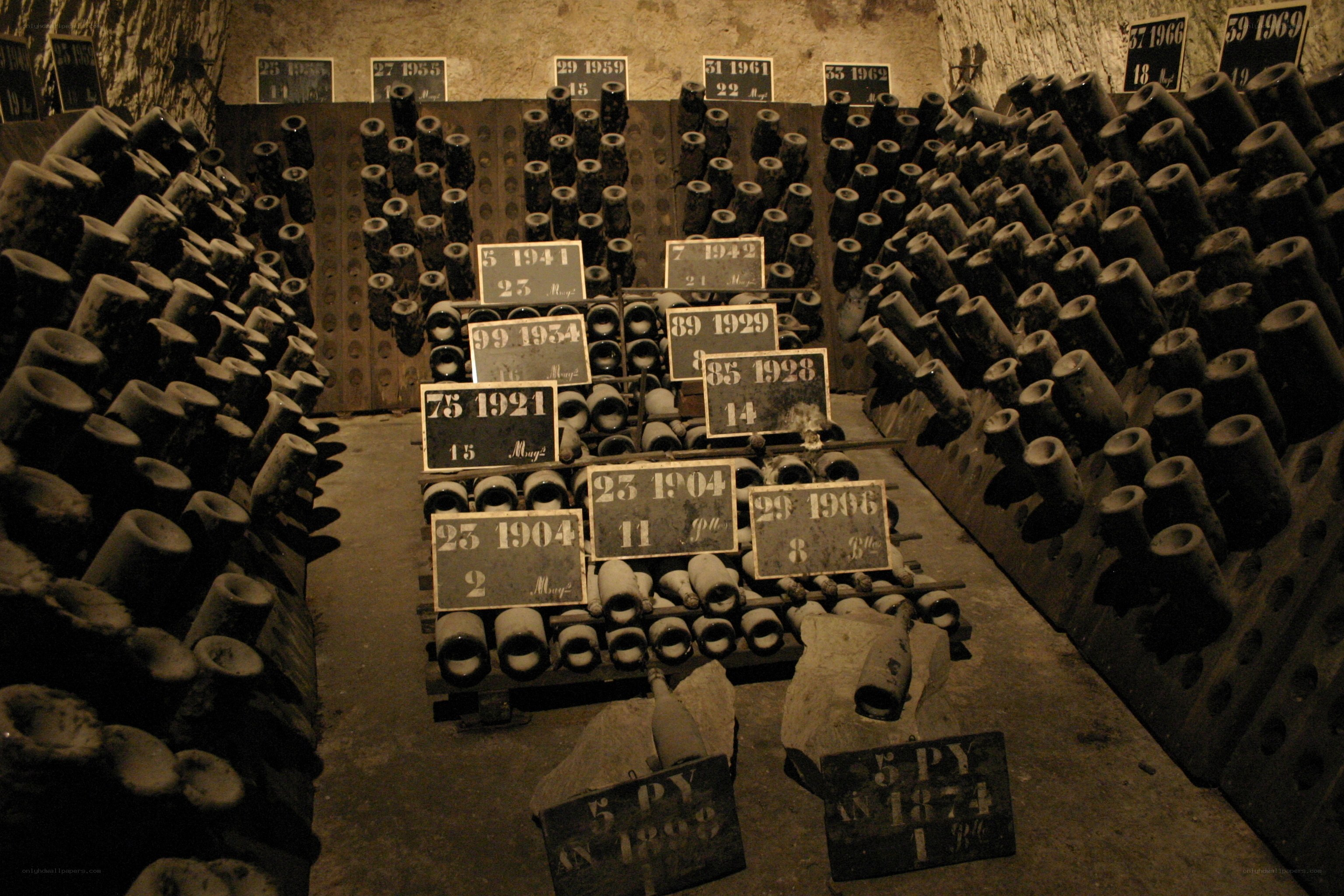 Champagne cellar with vintage bottles