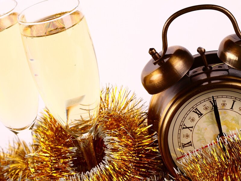 Champagne Glasses and Alarm Clock — Gold, Celebratory