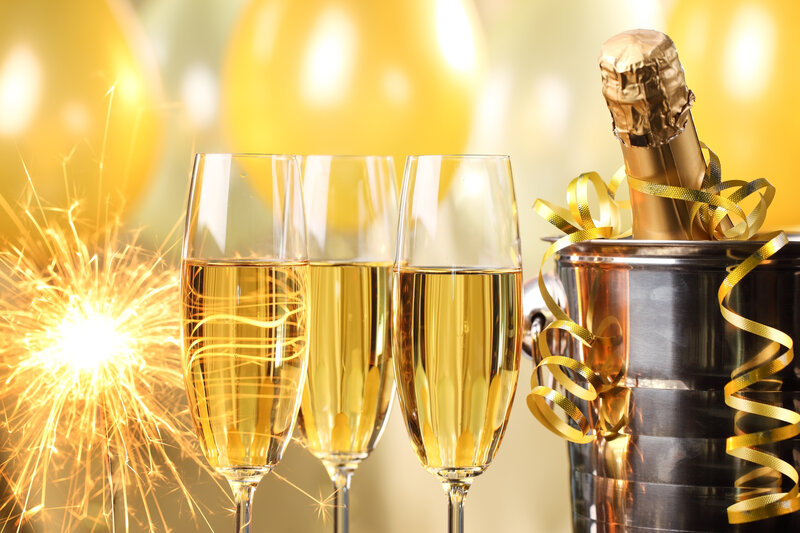 Champagne Glasses and Bottle — Gold, Celebratory, Photograph