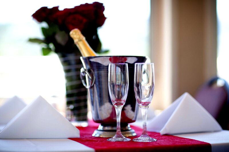 Champagne Glasses and Bottle — Red, Elegant