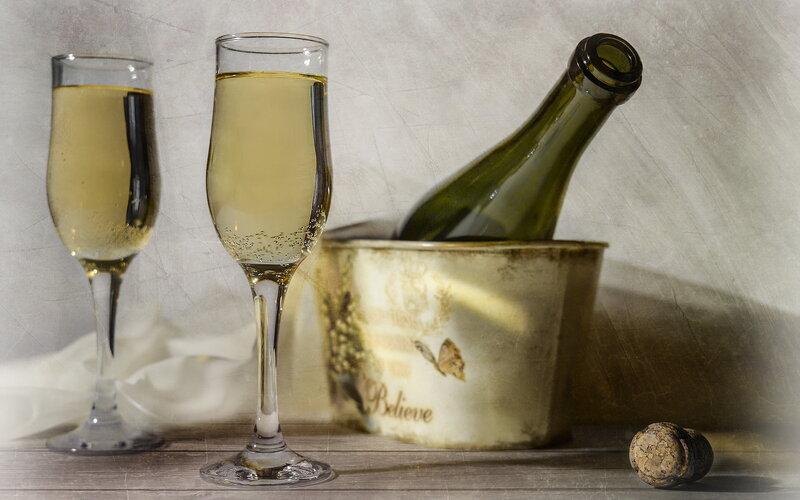 Champagne Glasses and Bottle — White, Calm