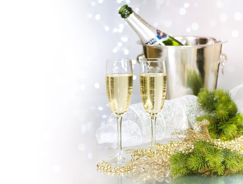 Champagne Glasses and Bottle — White, Festive