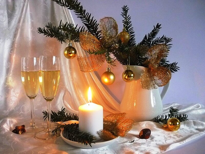 Champagne Glasses and Candle — White