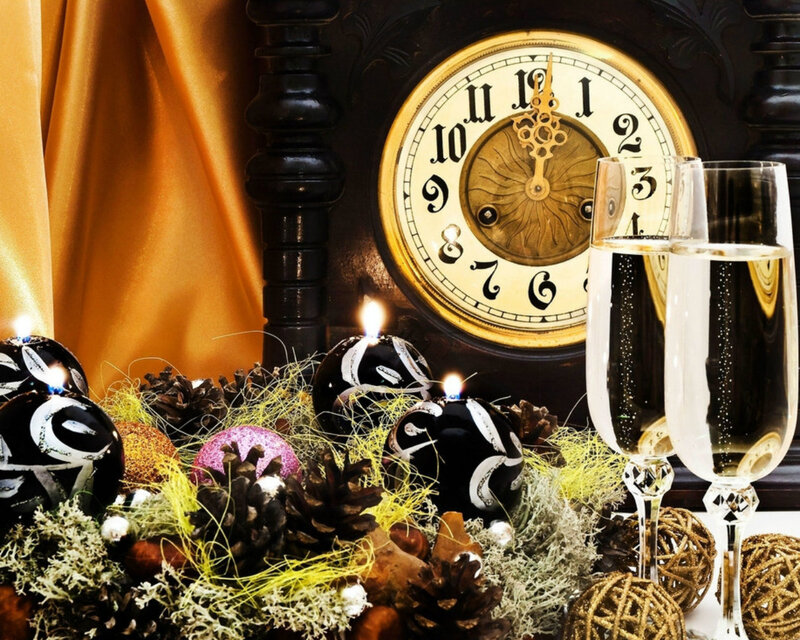 Champagne Glasses and Clock — Black, Celebratory