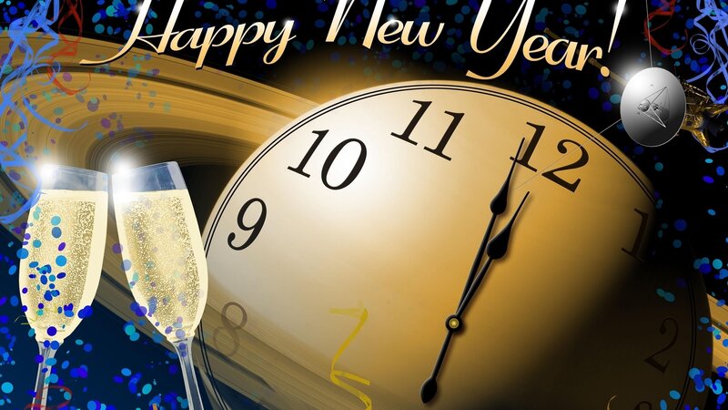 Champagne Glasses and Clock — Gold, Celebratory, Night, Digital Art, Confetti, Streamers