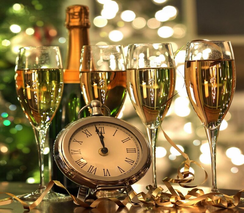 Champagne Glasses and Clock — Gold, Celebratory, Night, Photograph, Champagne Bottle