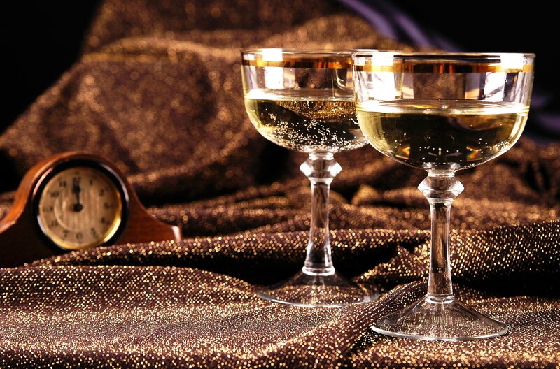 Champagne Glasses and Clock — Gold, Celebratory, Night, Photograph, Tablecloth