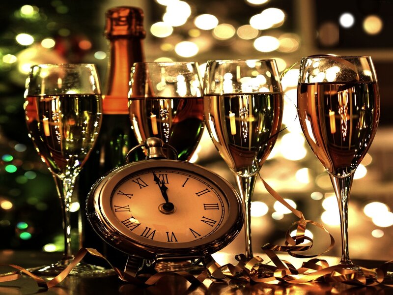 Champagne Glasses and Clock — Gold, Celebratory, Night, Photograph