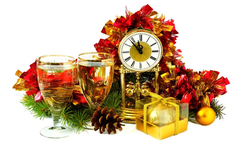 Champagne Glasses and Clock — Red, Festive