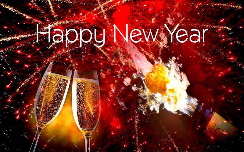 Champagne Glasses and Fireworks — Red, Celebratory