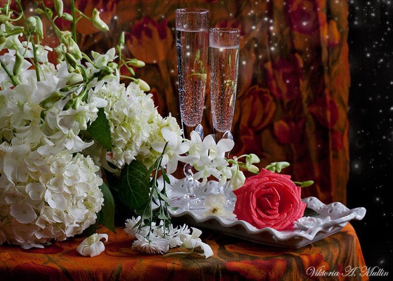 Champagne Glasses and Flowers — White, Romantic