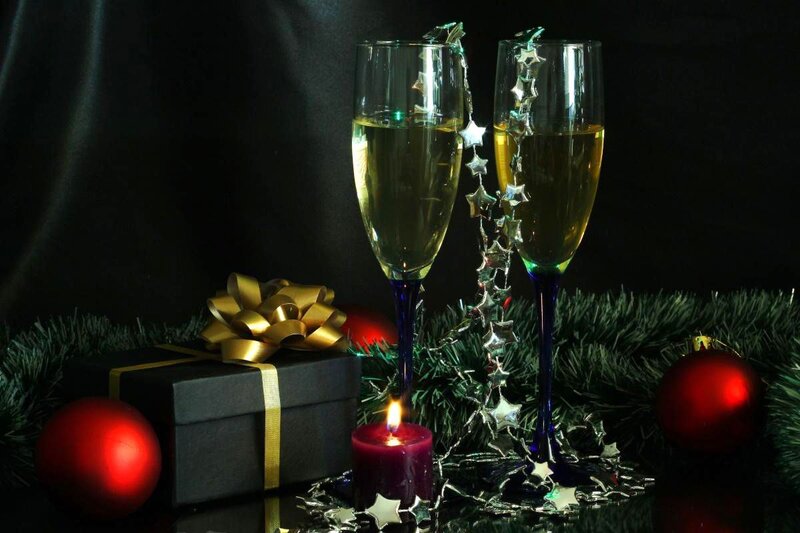 Champagne Glasses and Gift — Black, Festive, Night