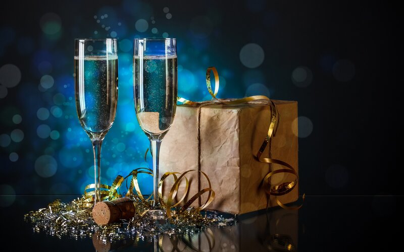Champagne Glasses and Gift — Blue, Celebratory, Night