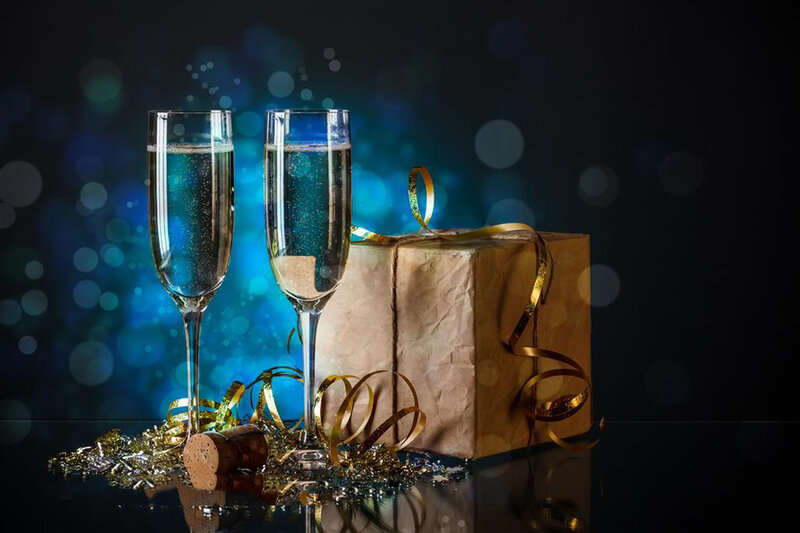 Champagne Glasses and Gift — Blue, Celebratory