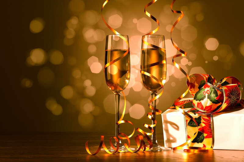 Champagne Glasses and Gift — Gold, Celebratory, Night