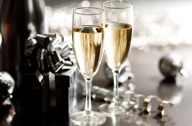 Champagne Glasses and Gift — Gold, Celebratory, Photograph, Gift Box, Bow