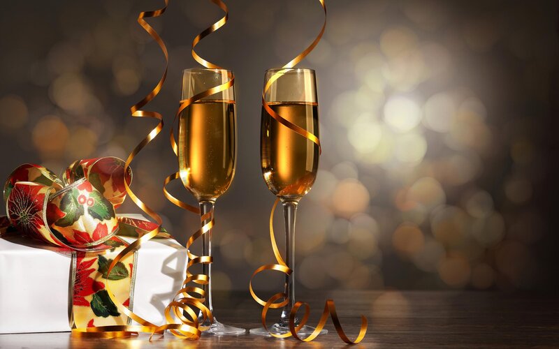 Champagne Glasses and Gift — Gold, Celebratory