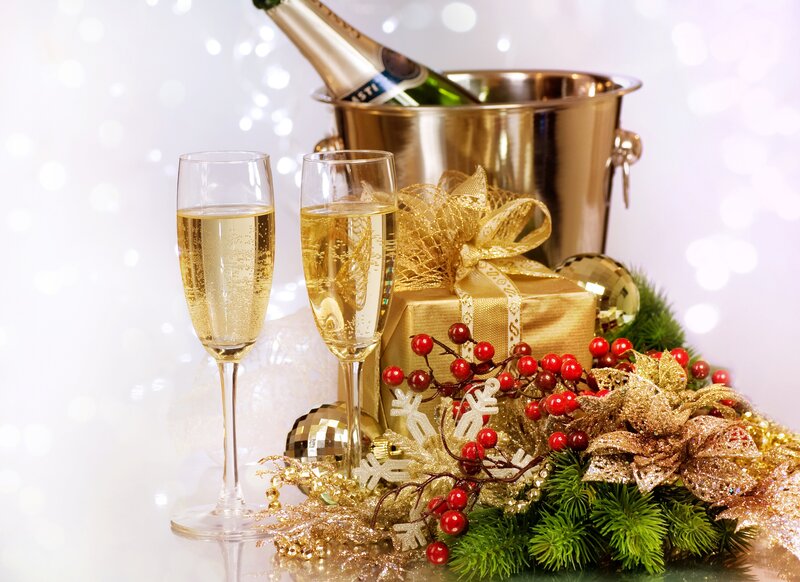 Champagne Glasses and Gift — Gold, Festive, Winter, Photograph