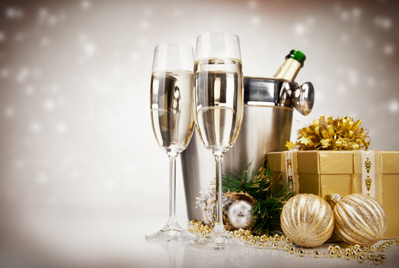 Champagne Glasses and Gift — Gold, Festive, Winter