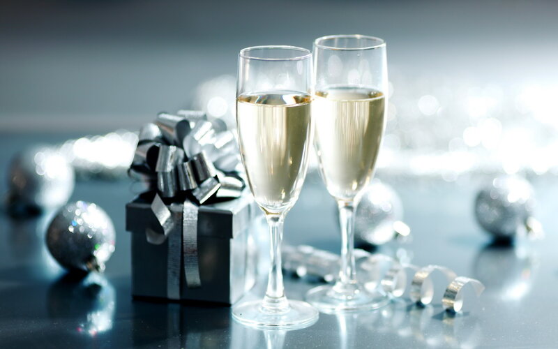 Champagne Glasses and Gift — Silver, Celebratory, Photograph