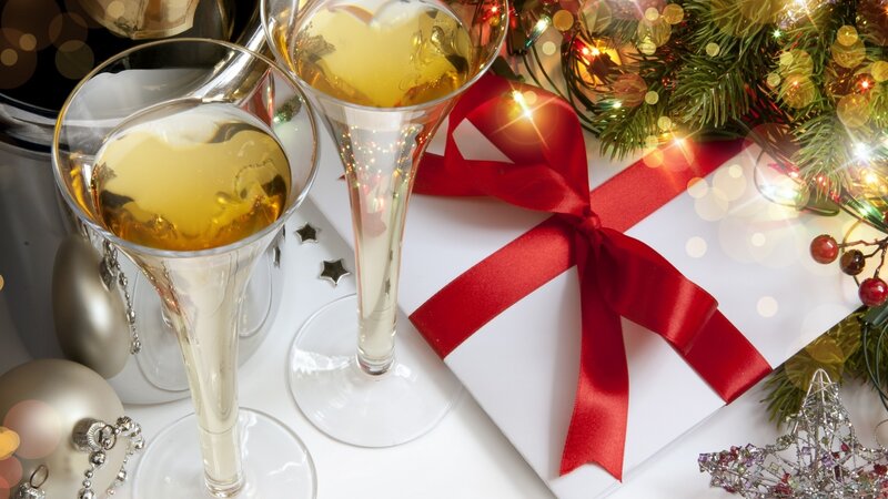 Champagne Glasses and Gift — White, Festive