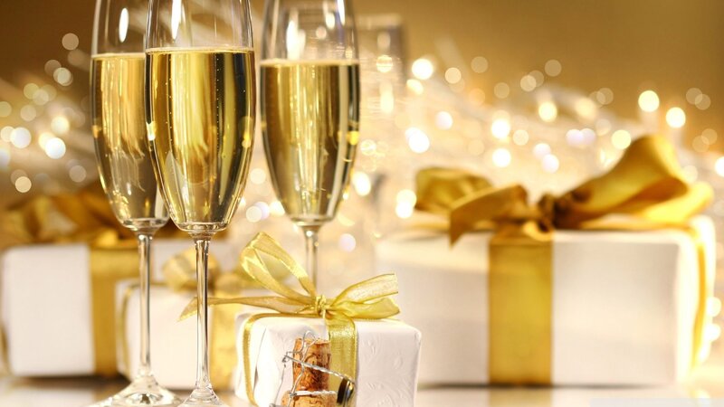Champagne Glasses and Gifts — Gold, Celebratory, Night