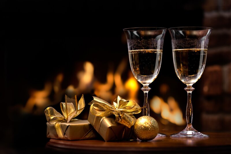 Champagne Glasses and Gifts — Gold, Festive, Night