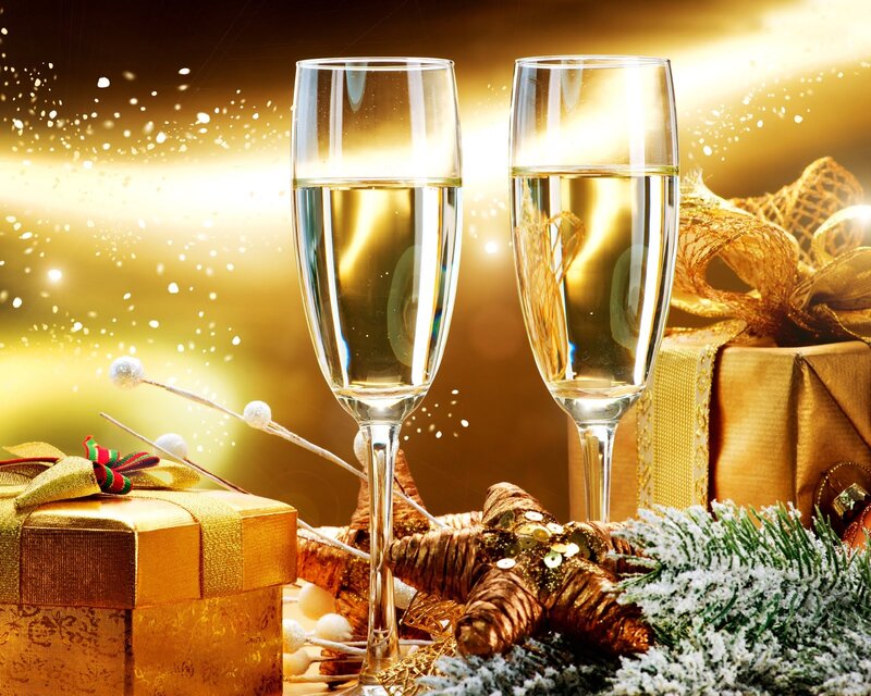 Champagne Glasses and Gifts — Gold, Festive, Winter, Photograph, Star Ornament